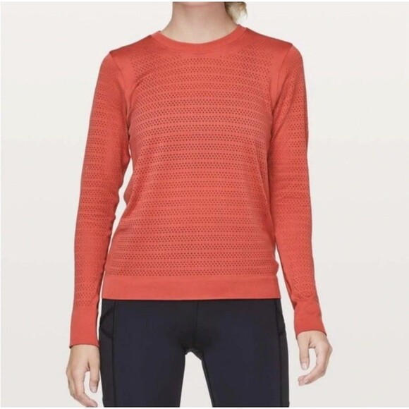 Lululemon Breeze By Long Sleeve Top Siren Red/Orange Open Hole Size 10? 12?? - Picture 2 of 8
